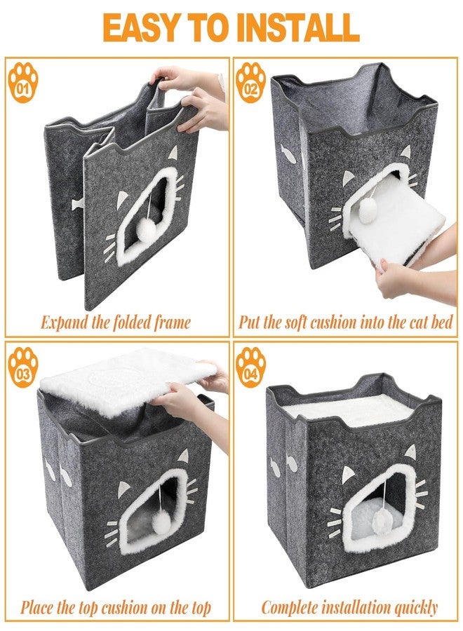 Acshio Cat House for Indoor Cats, Large Covered Cat Bed with Cushion Pad Fluffy Ball Hanging, Foldable Cute Cat Cave Bed Cat Condo Hideaway for Pet Cats, Multi Small Pet, Grey - Image 3